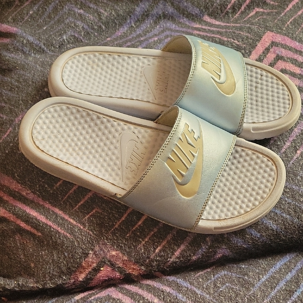 Nike Light Blue Slide Sandals with Gold Logo